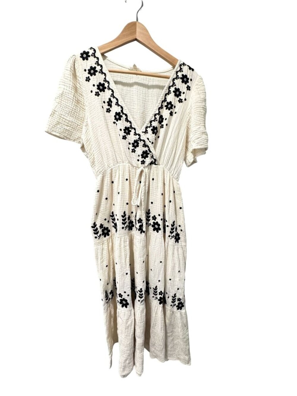 Easel Los Angeles Maxi Dress Large Cream Black Floral Gauze Rayon Boho Maxi
